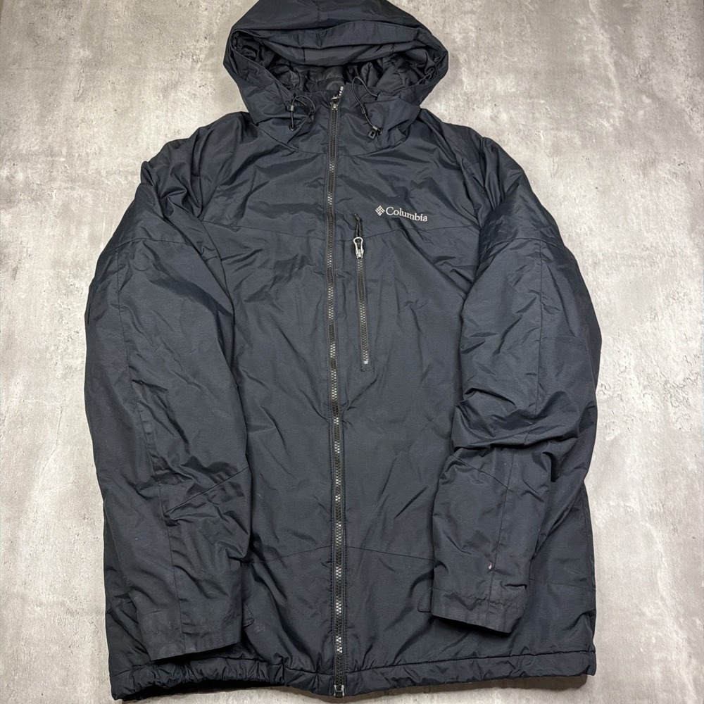 Columbia Thermal Coil Jacket Black Full Zip Hooded Mens M Outdoors Wind Rain